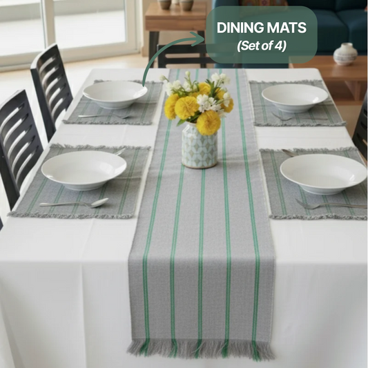 TABLESCAPE Dining PlaceMats, Ash Grey & Green Stripe, (Set of 4)