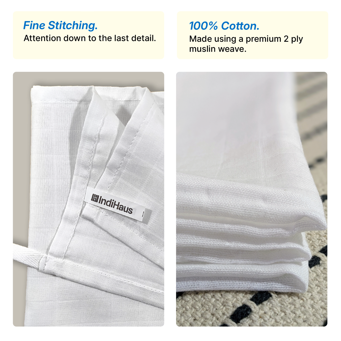 MUSLIN Hand & Face Towel, 1.5 x 1.5 Ft, White, 100% Cotton, (Pack of 6)
