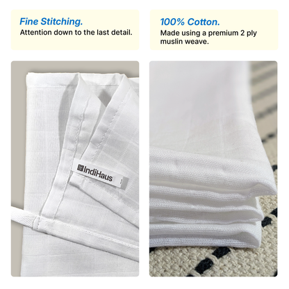 MUSLIN Hand & Face Towel, 1.5 x 1.5 Ft, White, 100% Cotton, (Pack of 6)