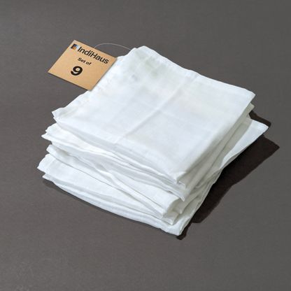 MUSLIN Hand & Face Towel, 1.5 x 1.5 Ft, White, 100% Cotton, (Pack of 9)