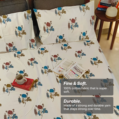 Koyna, Cotton Bedsheet – Blue Rose – 100% Cotton King Size (100 x 104 inches, 1.3kg)