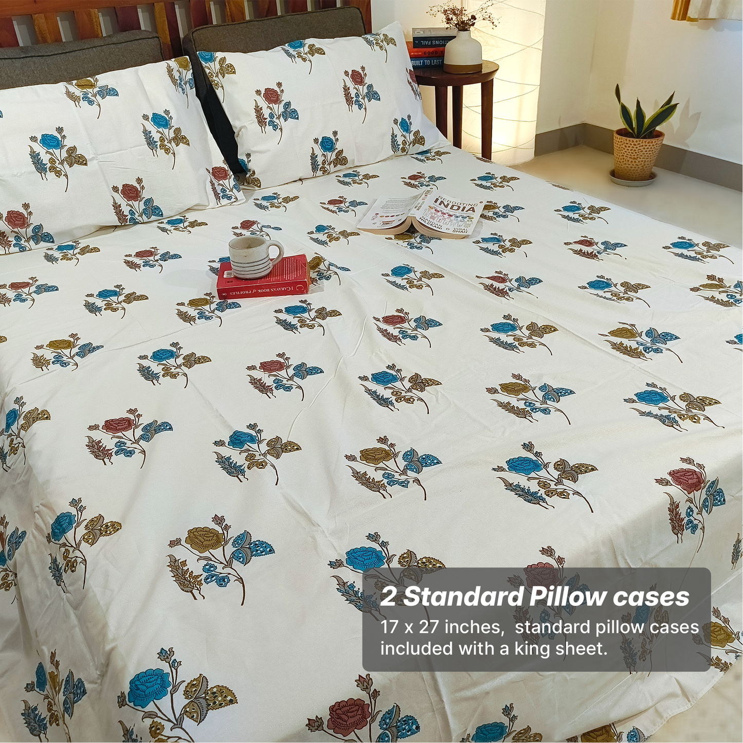 Koyna, Cotton Bedsheet – Blue Rose – 100% Cotton King Size (100 x 104 inches, 1.3kg)