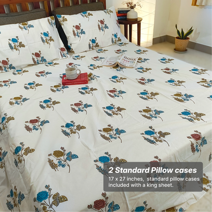 Koyna, Cotton Bedsheet – Blue Rose – 100% Cotton King Size (100 x 104 inches, 1.3kg)