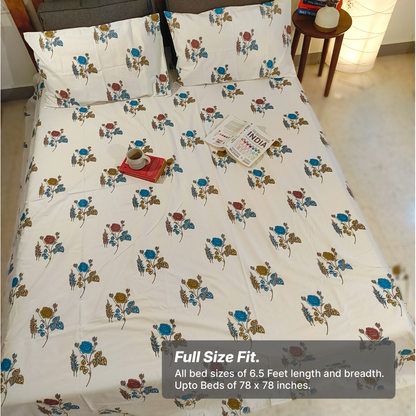 Koyna, Cotton Bedsheet – Blue Rose – 100% Cotton King Size (100 x 104 inches, 1.3kg)