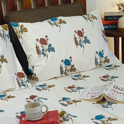 Koyna, Cotton Bedsheet – Blue Rose – 100% Cotton King Size (100 x 104 inches, 1.3kg)