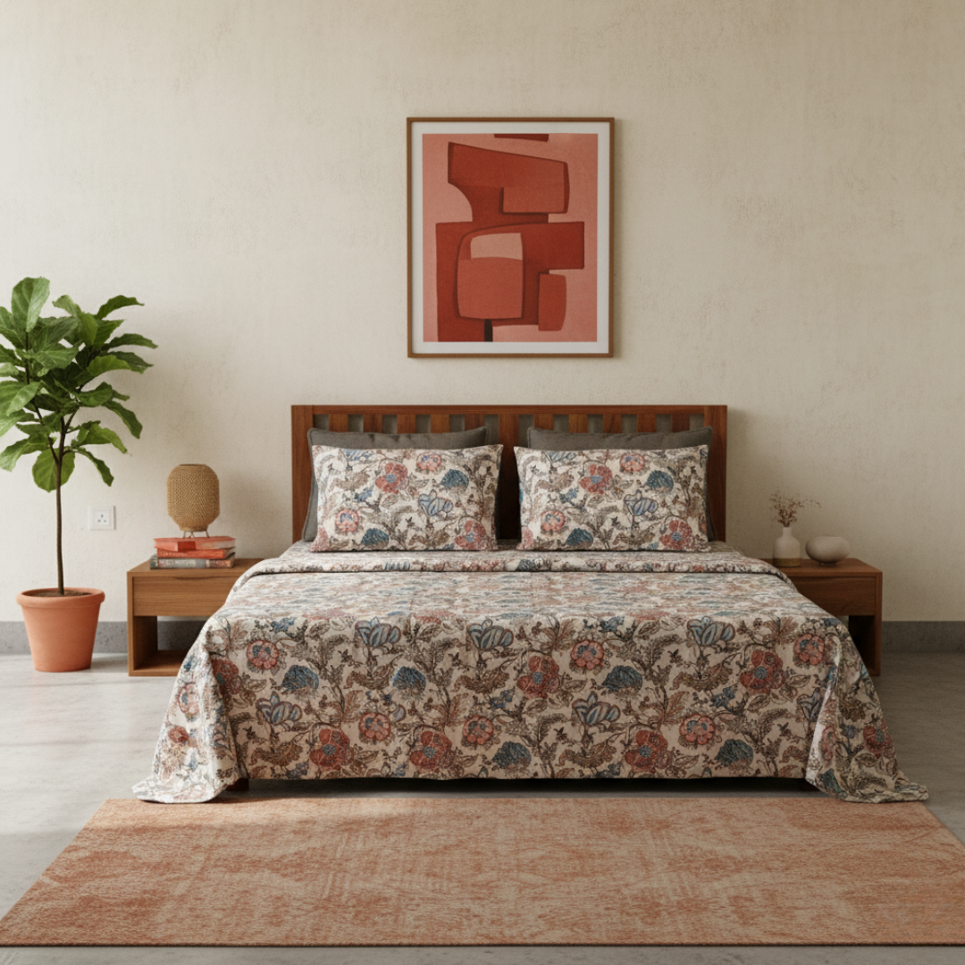 Lal Bagh, Cotton Bedsheet - Beige, 100% Cotton King Size (100 x 104, 1.3kg)