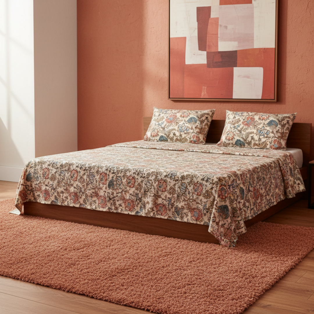 Lal Bagh, Cotton Bedsheet - Beige, 100% Cotton King Size (100 x 104, 1.3kg)