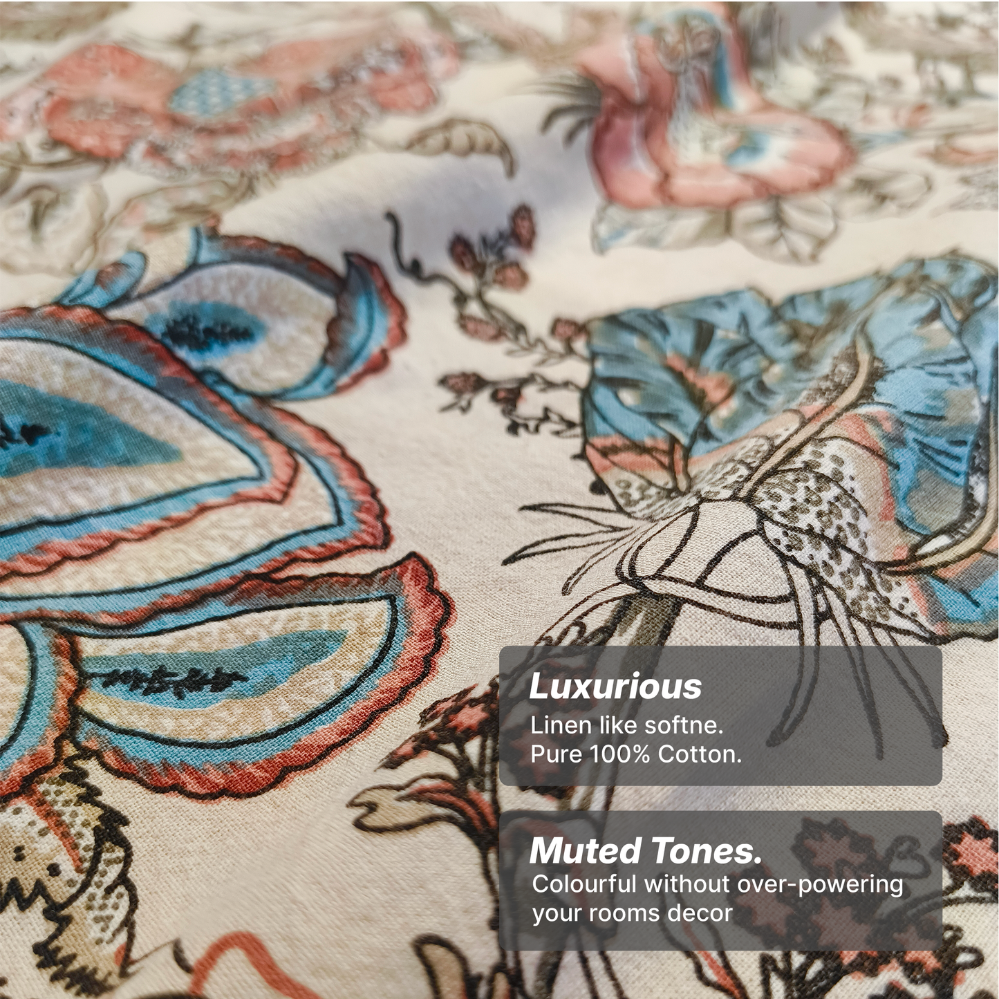 Lal Bagh, Cotton Bedsheet - Beige with Blue Flowers, 100% Cotton King Size (100 x 104, 1.3kg)