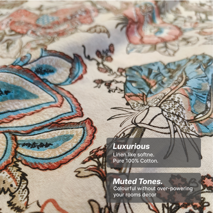 Lal Bagh, Cotton Bedsheet - Beige with Blue Flowers, 100% Cotton King Size (100 x 104, 1.3kg)