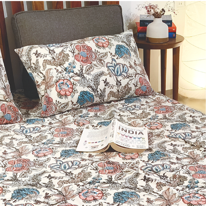 Lal Bagh, Cotton Bedsheet - Beige with Blue Flowers, 100% Cotton King Size (100 x 104, 1.3kg)