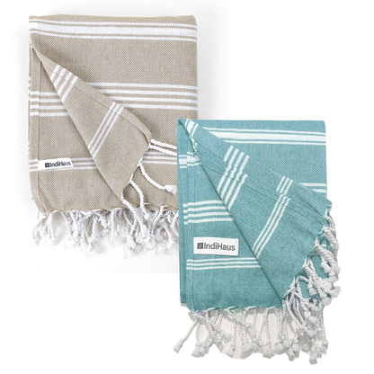 The BIG Towel, 5 x 2.8 Ft, Beige & Teal. Pack of 2