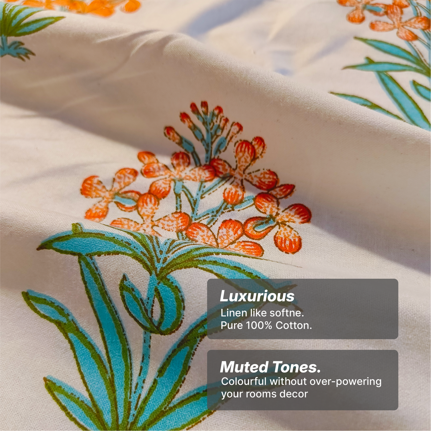 Vrishti, Cotton Bedsheet – Orange Floral – 100% Cotton King Size (100 x 104 inches, 1.3kg)