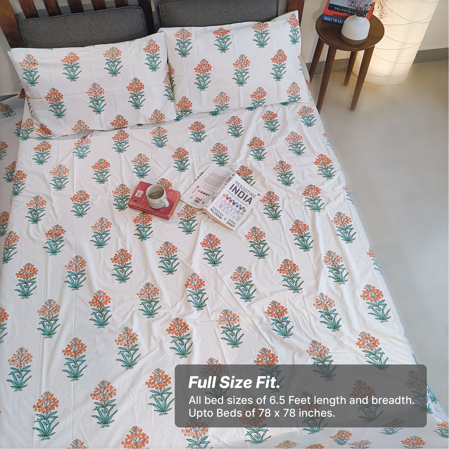Vrishti, Cotton Bedsheet – Orange Floral – 100% Cotton King Size (100 x 104 inches, 1.3kg)