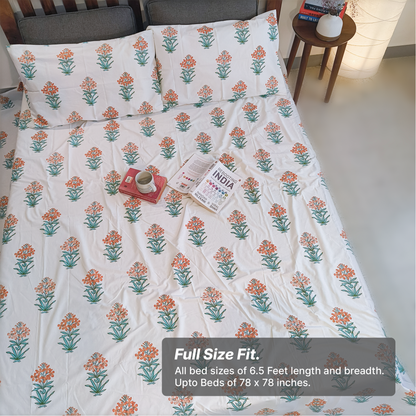 Vrishti, Cotton Bedsheet – Orange Floral – 100% Cotton King Size (100 x 104 inches, 1.3kg)