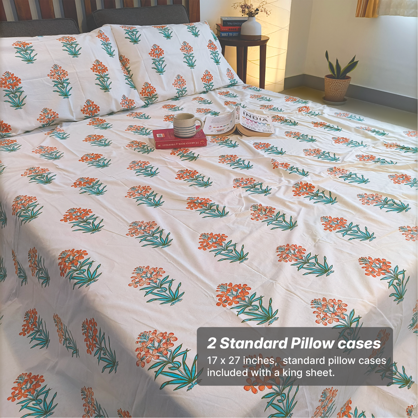 Vrishti, Cotton Bedsheet – Orange Floral – 100% Cotton King Size (100 x 104 inches, 1.3kg)
