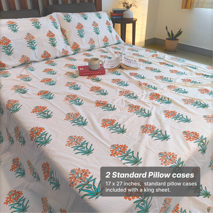 Vrishti, Cotton Bedsheet – Orange Floral – 100% Cotton King Size (100 x 104 inches, 1.3kg)