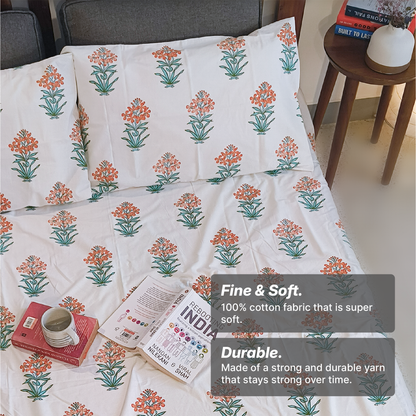 Vrishti, Cotton Bedsheet – Orange Floral – 100% Cotton King Size (100 x 104 inches, 1.3kg)