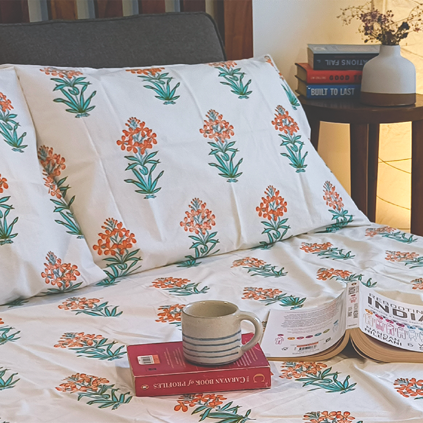 Vrishti, Cotton Bedsheet – Orange Floral – 100% Cotton King Size (100 x 104 inches, 1.3kg)
