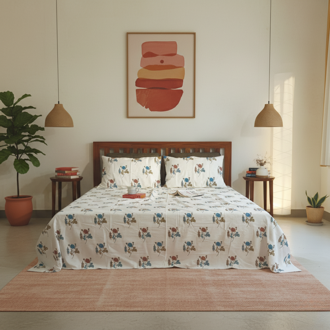 Koyna, Cotton Bedsheet – Blue Rose – 100% Cotton King Size (100 x 104 inches, 1.3kg)