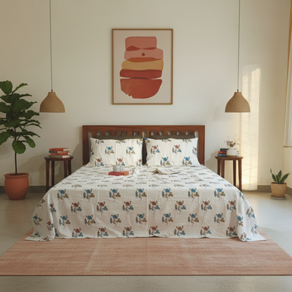 Koyna, Cotton Bedsheet – Blue Rose – 100% Cotton King Size (100 x 104 inches, 1.3kg)