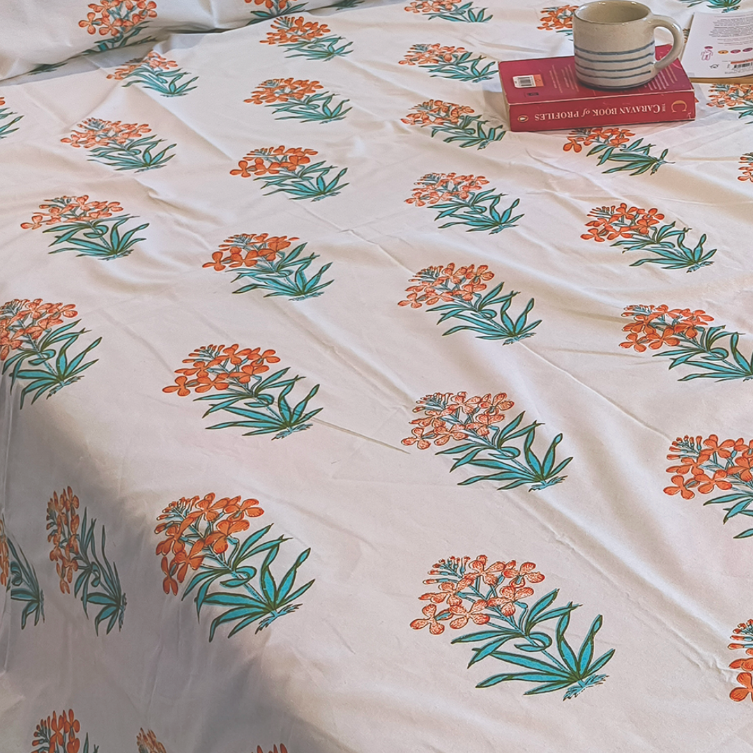 Vrishti, Cotton Bedsheet – Orange Floral – 100% Cotton King Size (100 x 104 inches, 1.3kg)