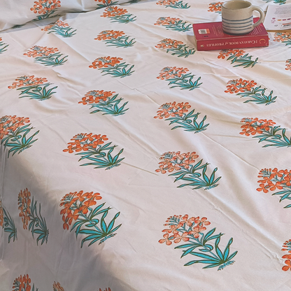 Vrishti, Cotton Bedsheet – Orange Floral – 100% Cotton King Size (100 x 104 inches, 1.3kg)