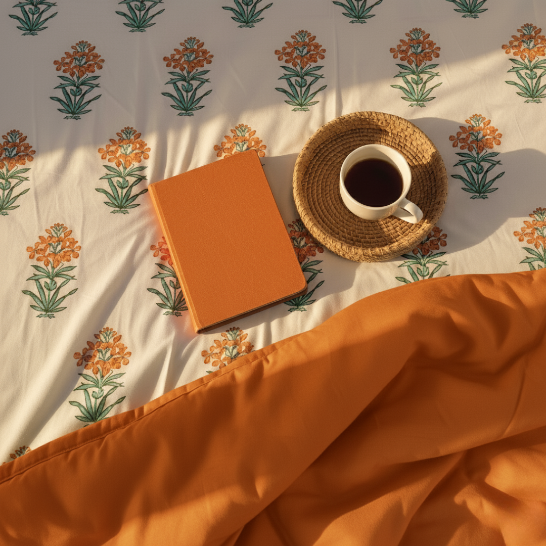 Vrishti, Cotton Bedsheet – Orange Floral – 100% Cotton King Size (100 x 104 inches, 1.3kg)