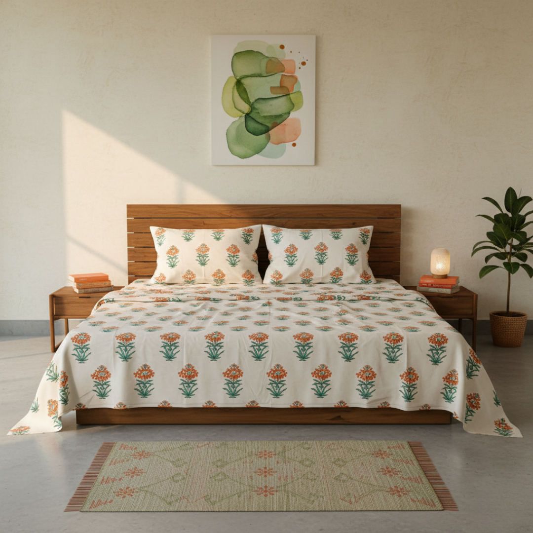 Vrishti, Cotton Bedsheet – Orange Floral – 100% Cotton King Size (100 x 104 inches, 1.3kg)