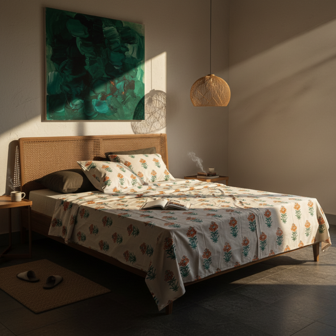 Vrishti, Cotton Bedsheet – Orange Floral – 100% Cotton King Size (100 x 104 inches, 1.3kg)