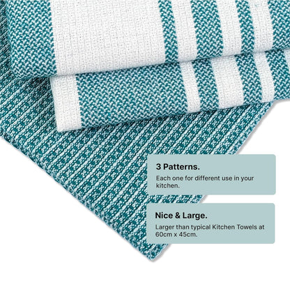 IndiHaus Cotton Multi-Purpose Kitchen Hand Towels | Waffle & Stripes | (Large 60 x 40 cm) Lunch, Dish Towel (Set of 4, Ocean Teal)
